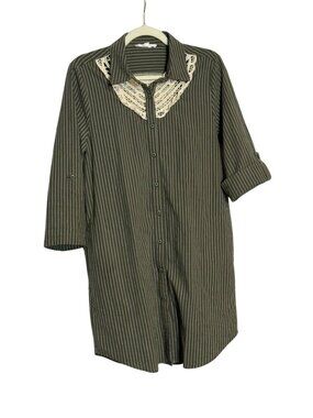 FSL Apparel Size L Olive Green Pinstripe Lace Back Shirt Dress Roll Tab Sleeve